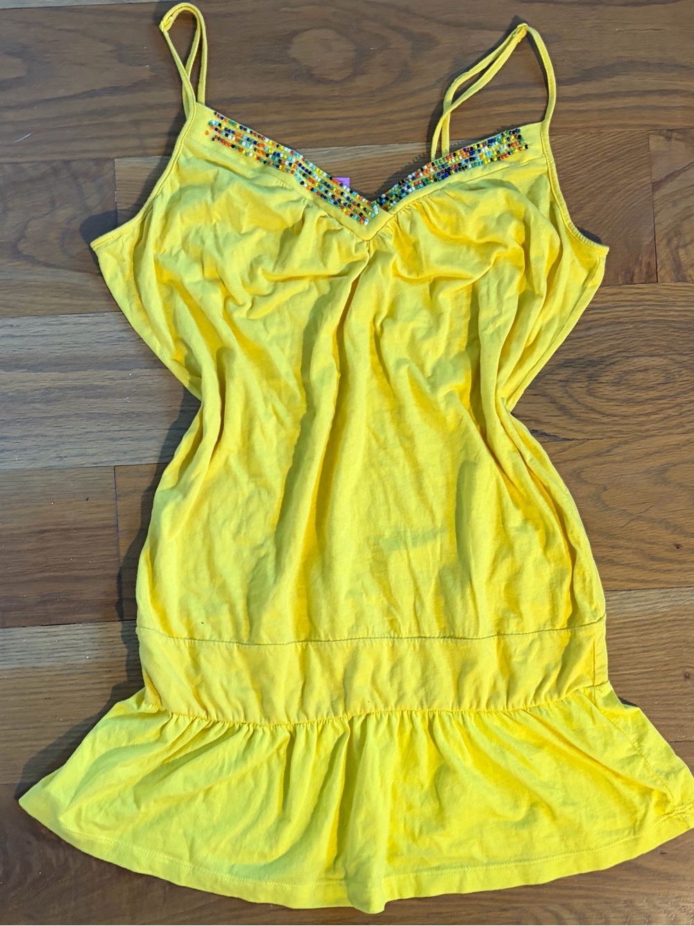 Yellow Beaded-Trim Spaghetti Strap Blouse/Dress